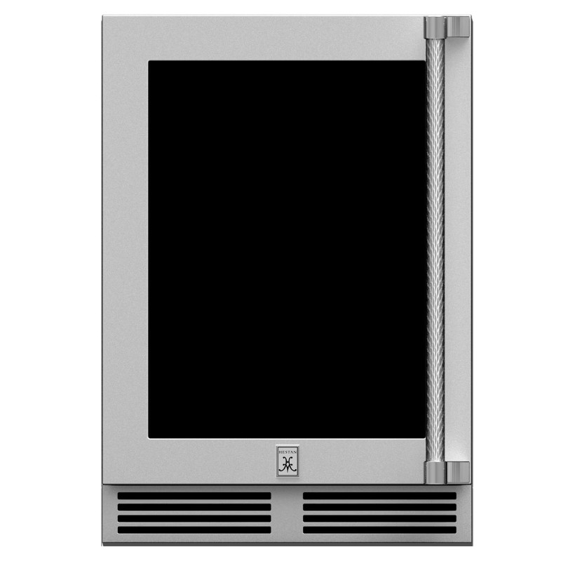 Stainless steel outdoor refrigerator with a glass door and sleek design, ideal for patio or backyard use.