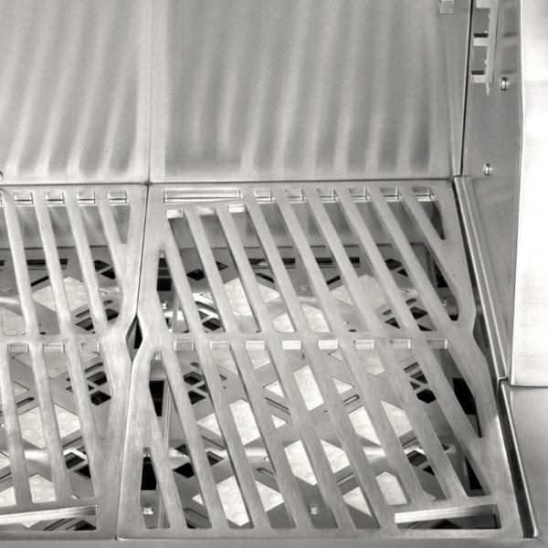 Close-up of a stainless steel grill grate, showcasing the intricate design and durable construction, ideal for outdoor cooking and barbecuing.