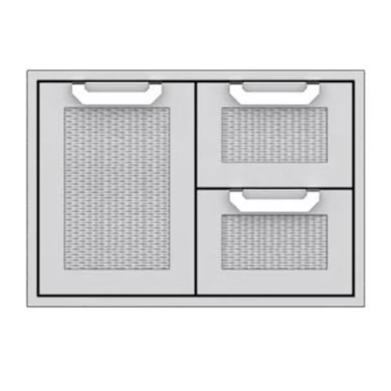 Modern kitchen drawer unit with two large and two small woven mesh drawers, featuring sleek white handles and a minimalist design.