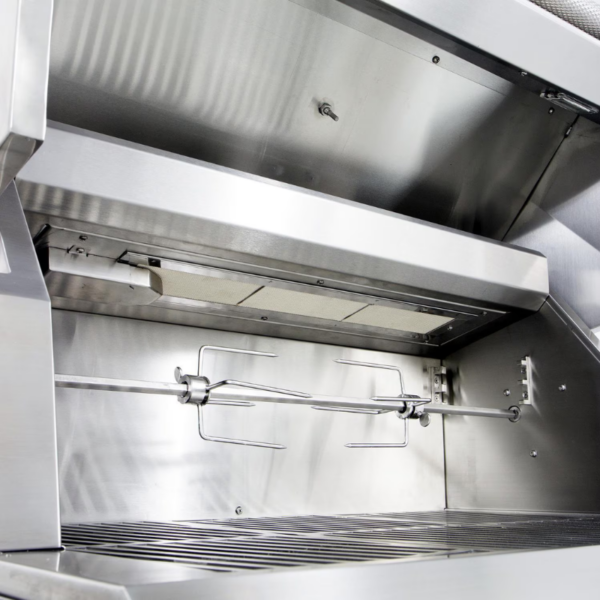 Stainless steel outdoor grill interior with rotisserie attachment and heat shield.