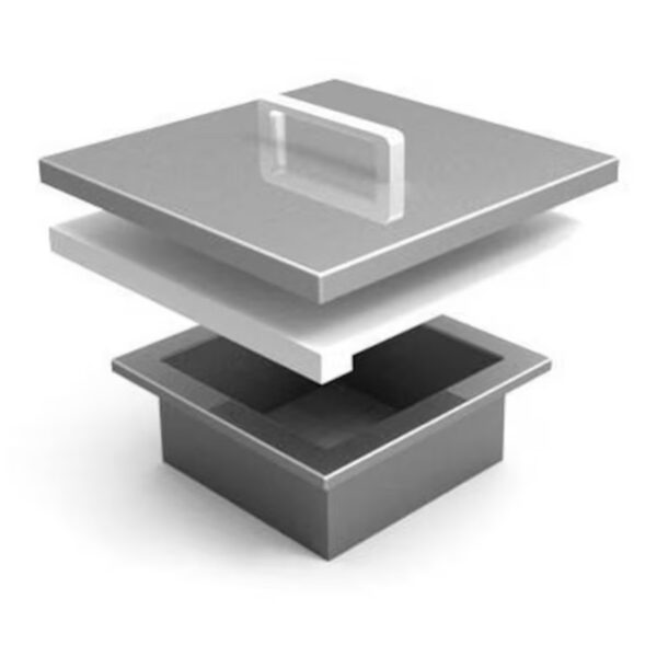 Exploded view of a modern floor access box with a removable cover and inner compartment for easy access to utilities.