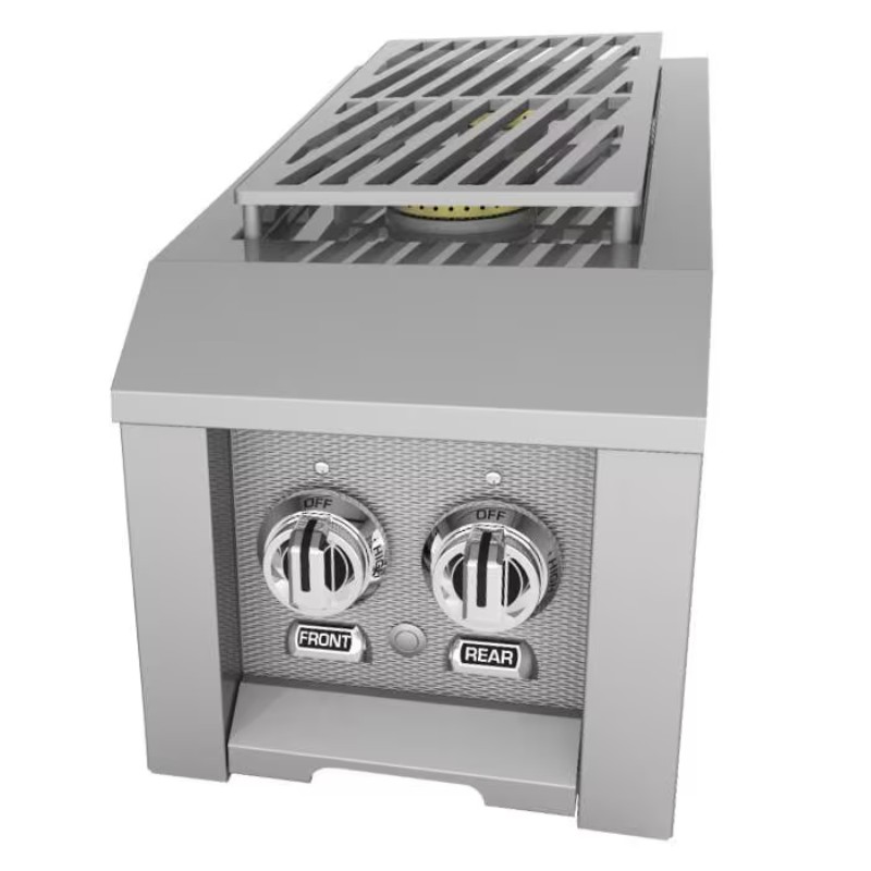 Stainless steel outdoor grill with adjustable front and rear knobs for temperature control, featuring a slotted grilling surface.