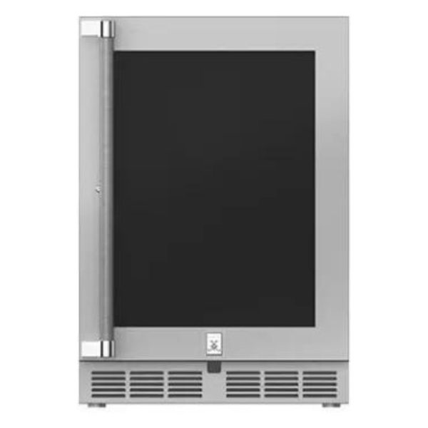 Stainless steel beverage refrigerator with a glass door, designed for home or commercial use, featuring adjustable shelving and modern aesthetic.