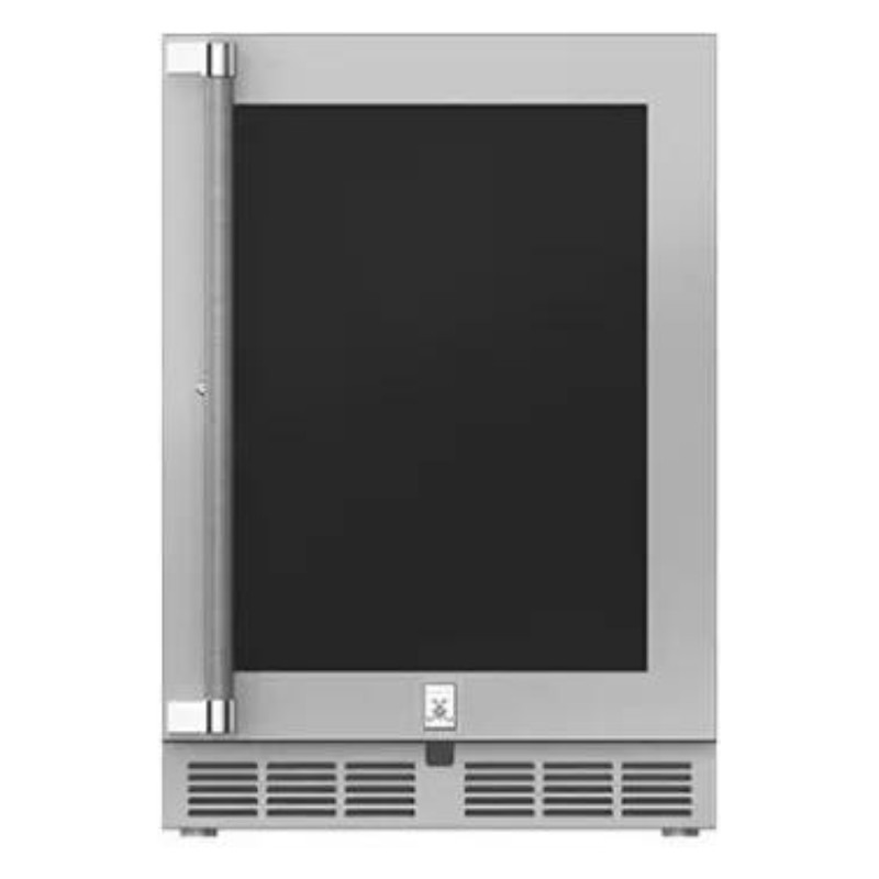 Stainless steel beverage refrigerator with a glass door, designed for home or commercial use, featuring adjustable shelving and modern aesthetic.