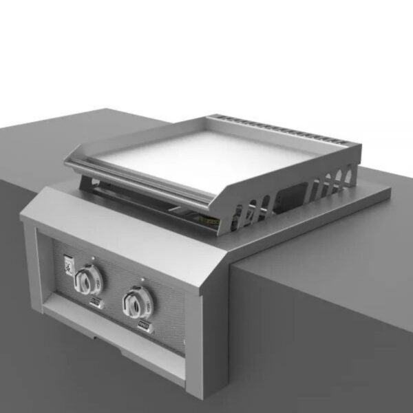 Stainless steel built-in griddle with two control knobs, designed for outdoor cooking and grilling.