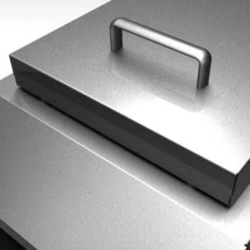 Stainless steel kitchen appliance with a sleek design and a handle on top.