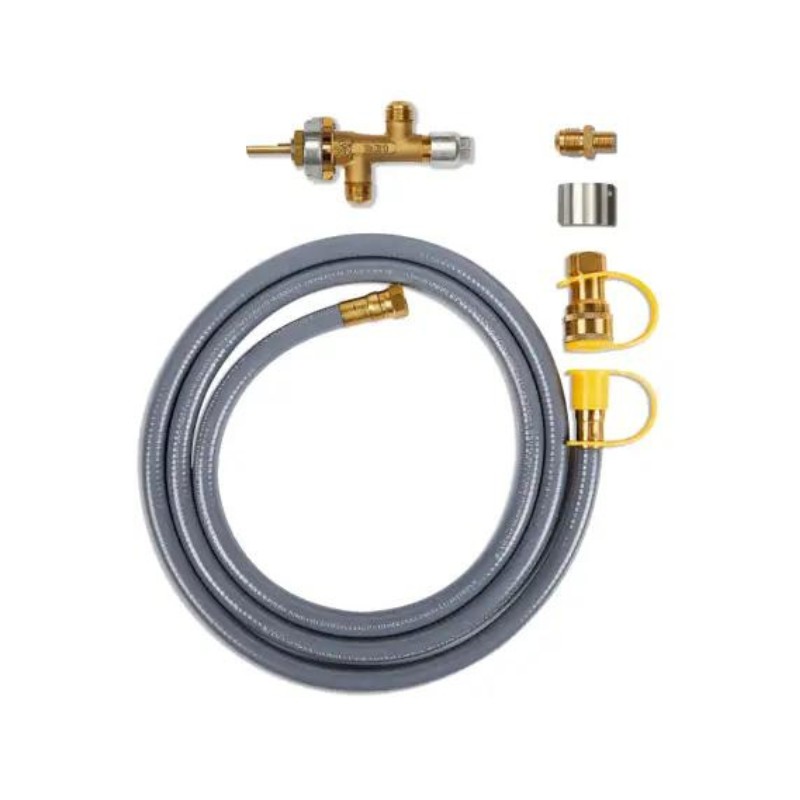 Brass gas valve with flexible gray hose and connectors for secure gas line installation. Ideal for appliances and outdoor use.