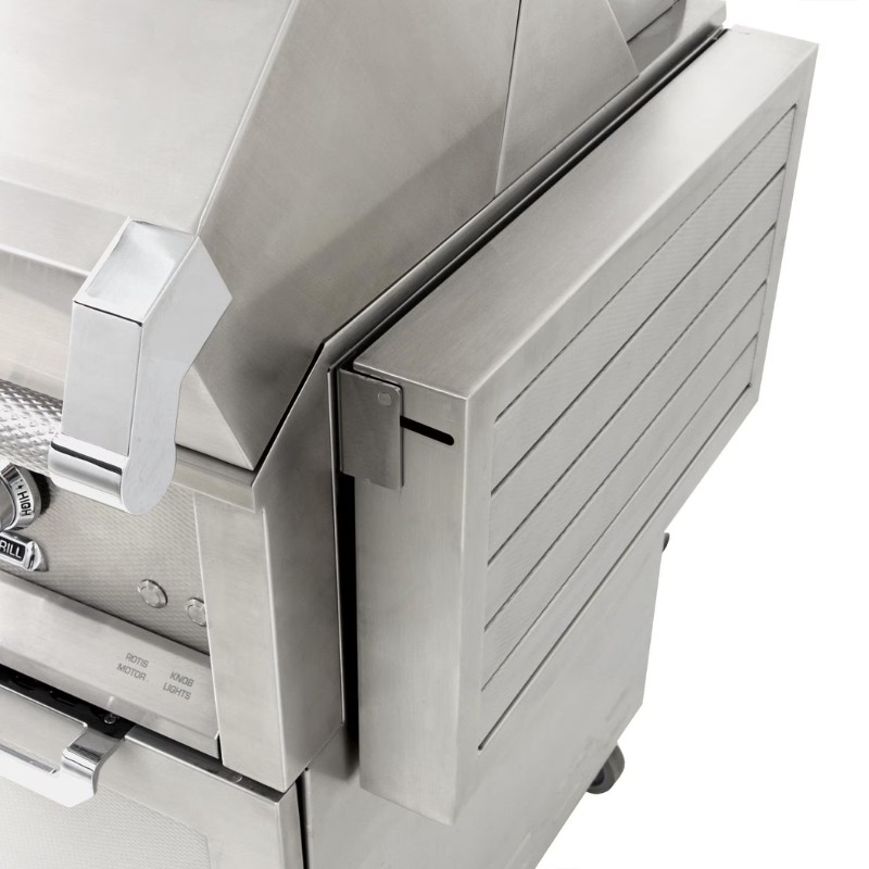 Stainless steel outdoor grill with a closed side cabinet and control knobs, designed for durability and efficiency in backyard cooking.