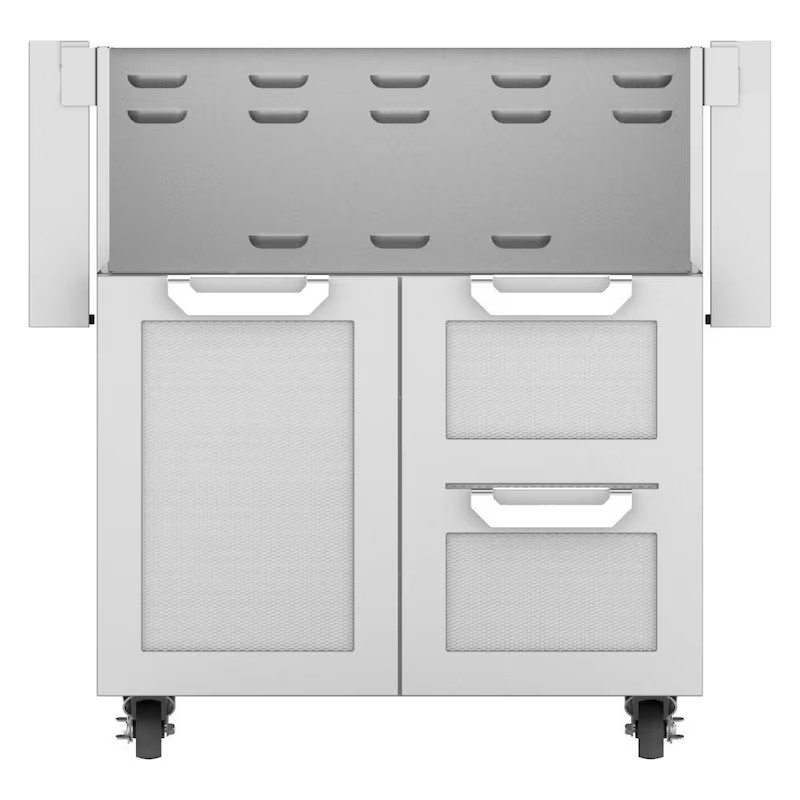 Modern white storage cart with two mesh drawers and a top shelf, featuring wheels for easy mobility. Ideal for organizing kitchen or office supplies.