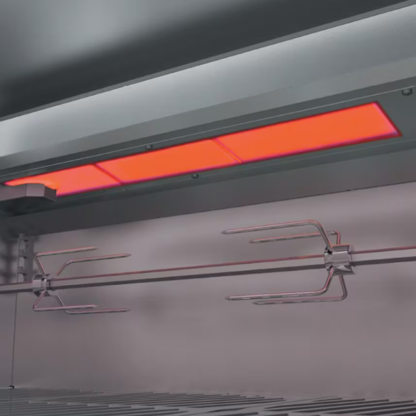 Interior view of a modern rotisserie oven featuring red heating elements and stainless steel skewers for cooking.
