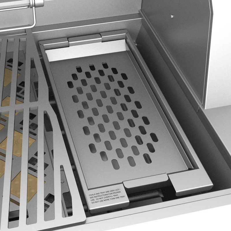 Stainless steel grill tray with ventilation holes, designed for optimal heat distribution and easy access in a modern barbecue setup.