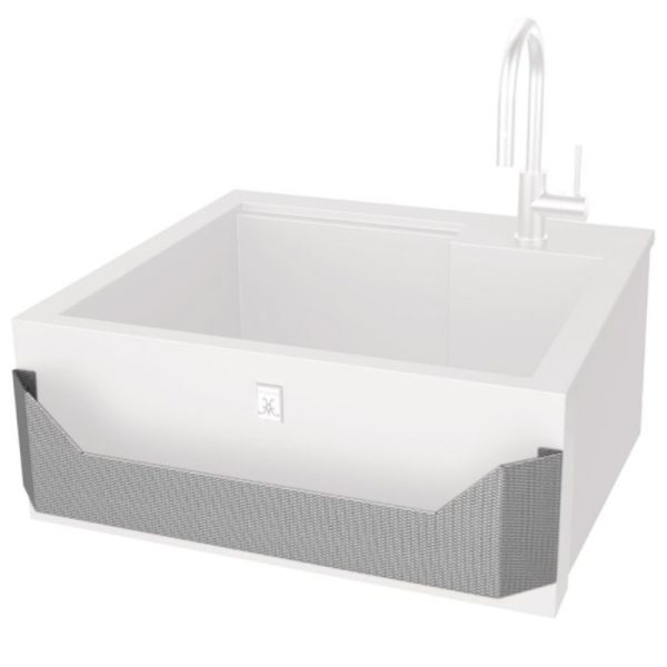 Modern white kitchen sink with a textured gray front and a sleek faucet, ideal for contemporary home designs.