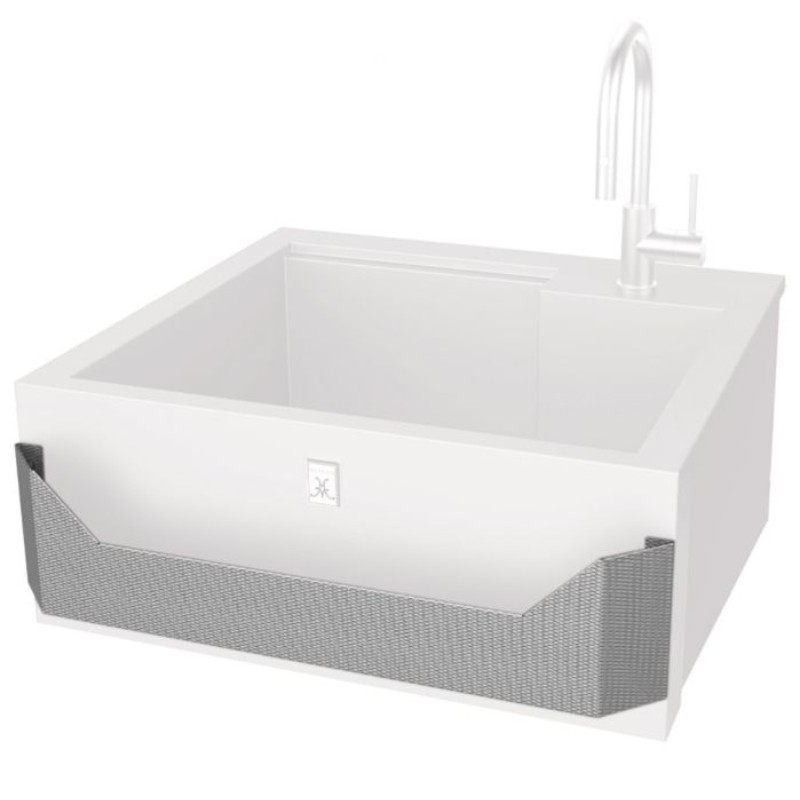Modern white kitchen sink with a textured gray front and a sleek faucet, ideal for contemporary home designs.