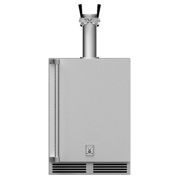 Stainless steel outdoor kegerator with dual taps, perfect for home brewing and entertaining.