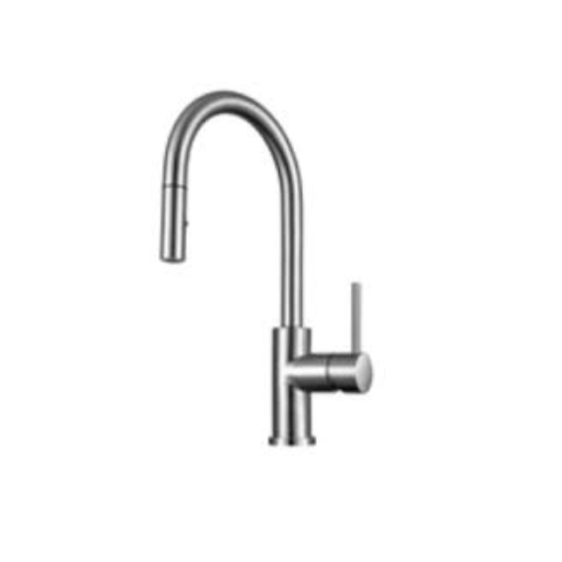 Modern stainless steel kitchen faucet with a curved spout and a single lever handle, ideal for contemporary home designs.