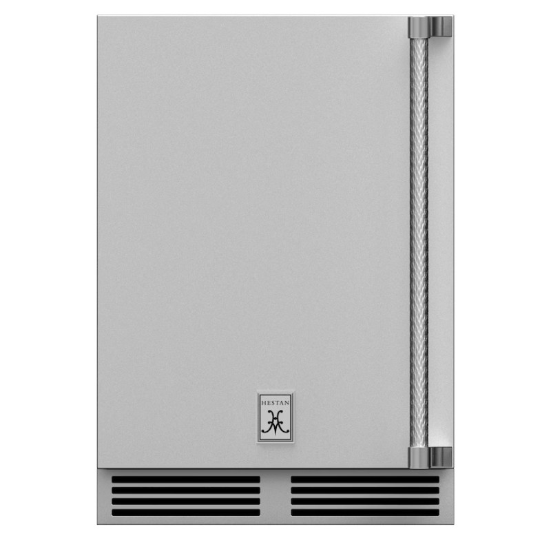 Stainless steel outdoor refrigerator by Hestan, featuring a sleek design and modern handle, ideal for outdoor kitchens.