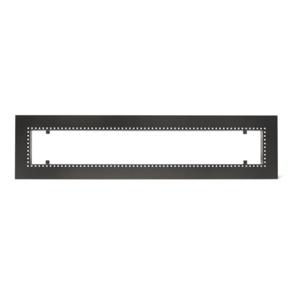 Black metal frame with perforated edges and a central rectangular cutout, designed for mounting displays or artwork.