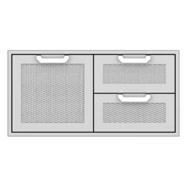 Modern kitchen cabinet with three drawers and one mesh panel, featuring sleek white handles and a minimalist design. Perfect for stylish storage solutions.