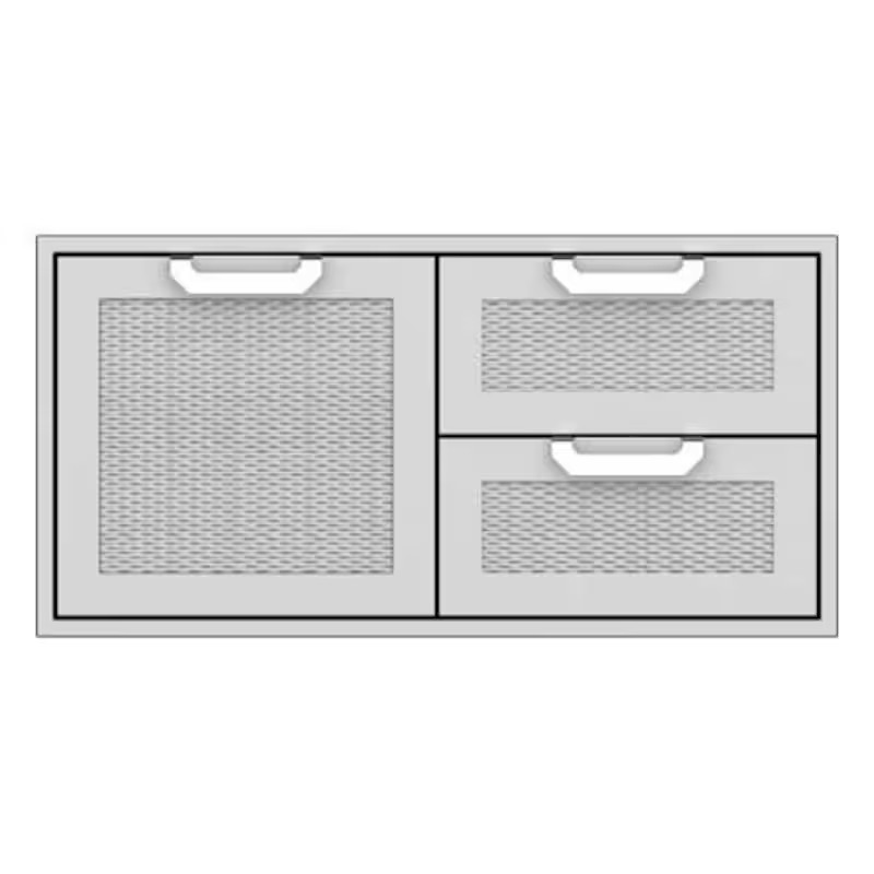 Modern kitchen cabinet with three drawers and one mesh panel, featuring sleek white handles and a minimalist design. Perfect for stylish storage solutions.