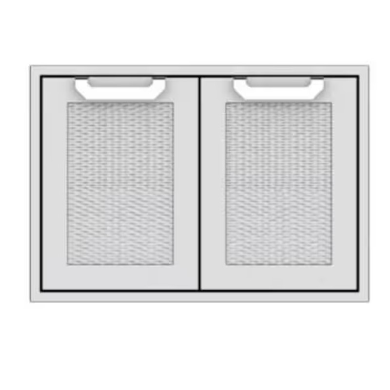 Double door kitchen cabinet with woven mesh panels and sleek white handles.