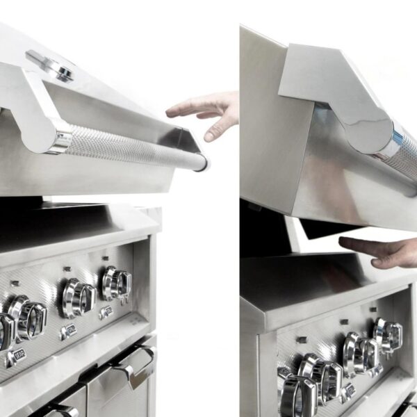 Stainless steel grill with a hand opening the lid, showcasing control knobs and a sleek design for outdoor cooking enthusiasts.