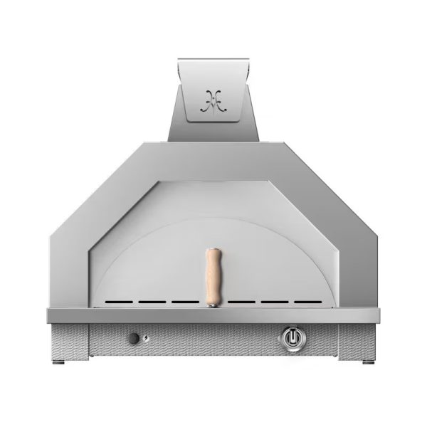 Stainless steel outdoor pizza oven with a sleek design and wooden handle, ideal for cooking authentic pizzas.