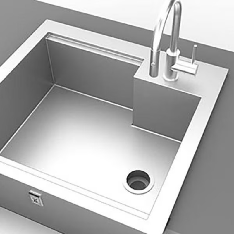 Modern stainless steel kitchen sink with a sleek design, integrated faucet, and drainage hole. Ideal for contemporary kitchens.