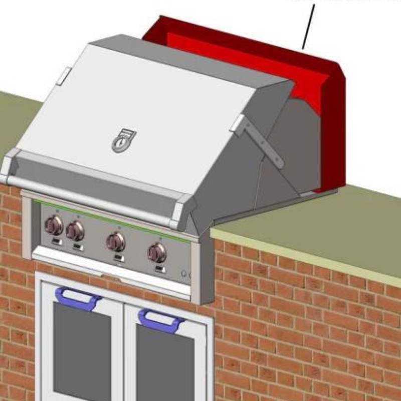Stainless steel outdoor grill with three burners and a red hood, installed on a brick wall with double doors below.
