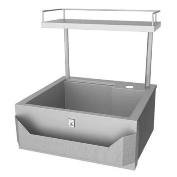 Modern stainless steel sink with a built-in shelf and side storage compartment, ideal for kitchens or outdoor spaces.