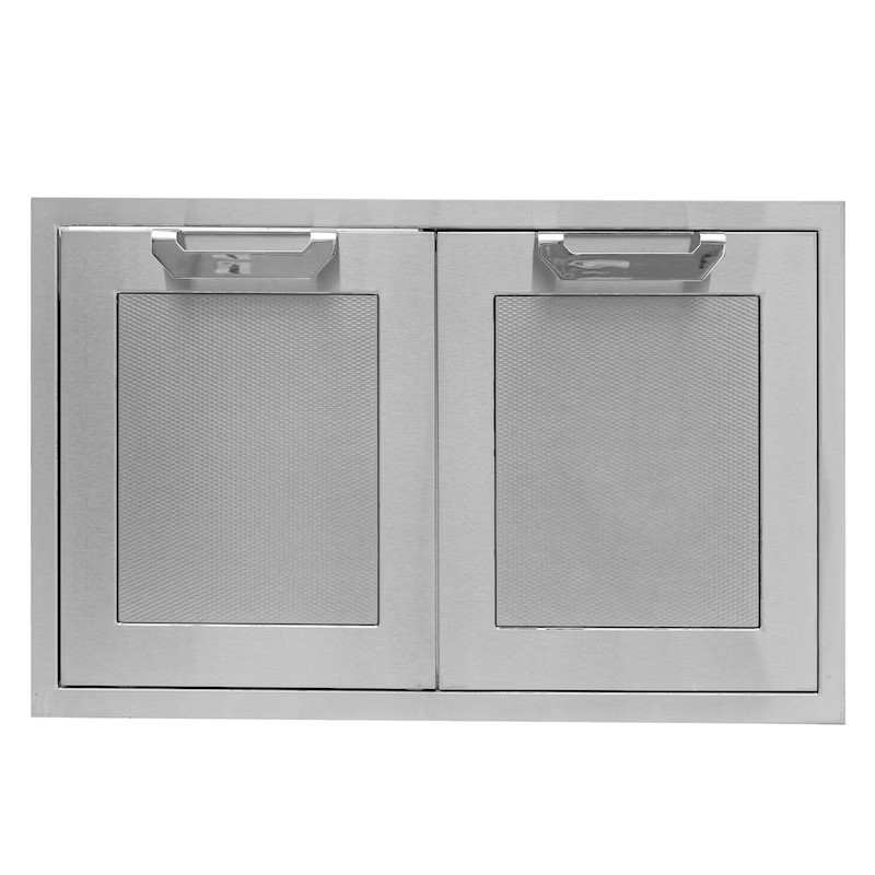 Stainless steel outdoor kitchen double access doors with mesh inserts for ventilation and easy access.