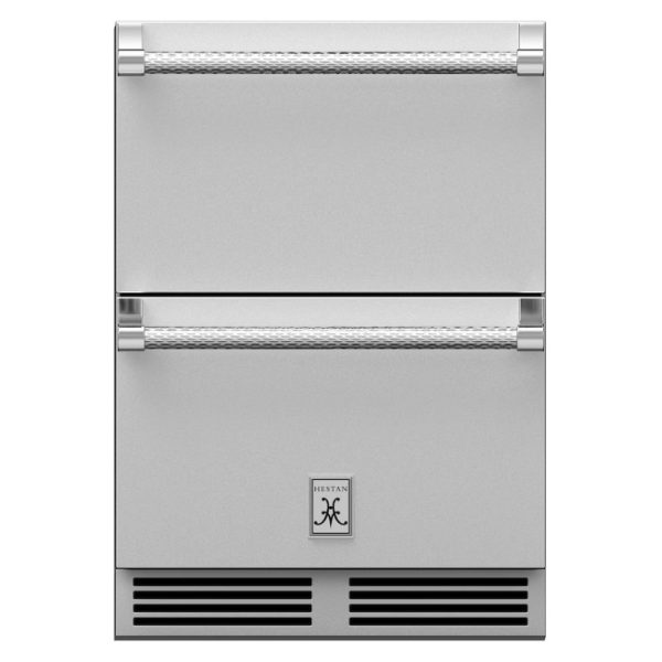 Stainless steel outdoor refrigerator with dual drawers and sleek design by Hestan. Ideal for outdoor kitchens and entertaining.