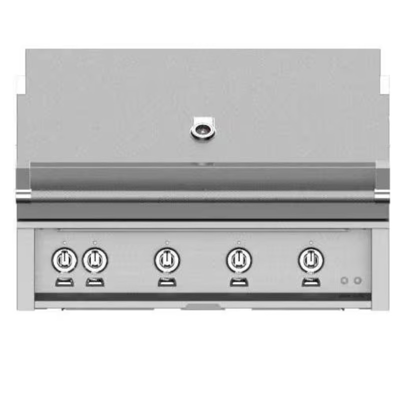 Stainless steel outdoor grill with five burners and ignition system, designed for efficient cooking and durability.