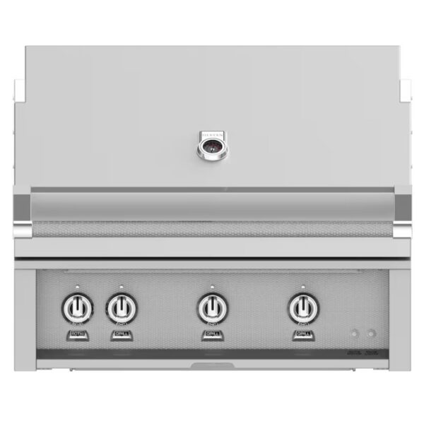 Stainless steel outdoor gas grill featuring four control knobs, a built-in thermometer, and a sleek design for efficient grilling.