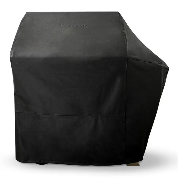 Black grill cover designed for outdoor protection, featuring durable material and a fitted design to shield against weather elements.