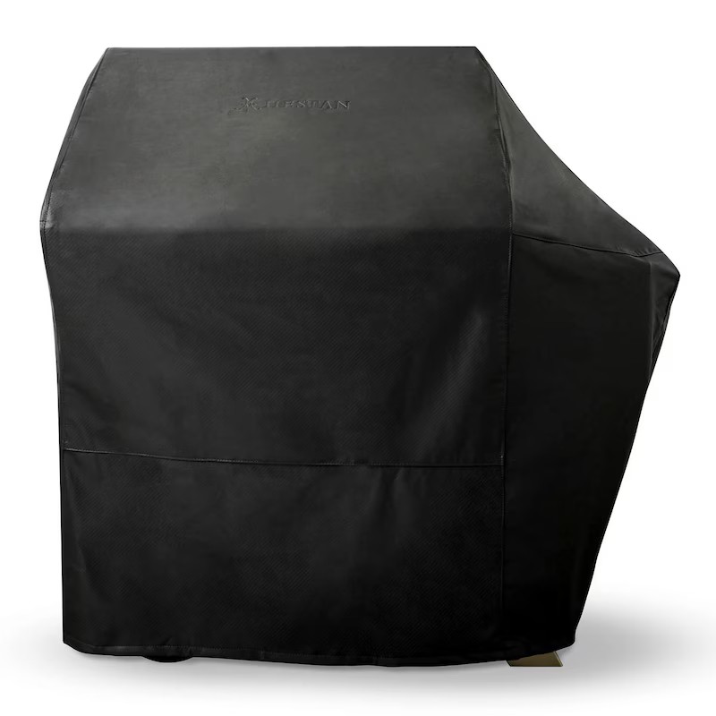 ab562620-996d-4478-b623-2565757d832a.jpg Black grill cover designed for outdoor protection, featuring durable material and a fitted design to shield against weather elements.