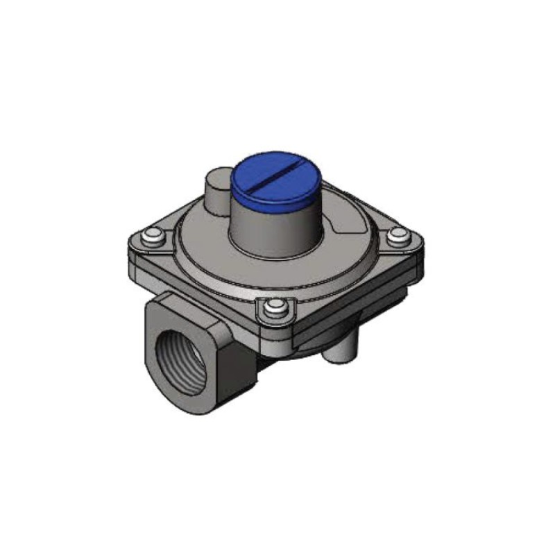 Illustration of a pressure regulator valve with a blue adjustment knob, designed for fluid control in various applications, featuring a threaded inlet and outlet for easy installation.