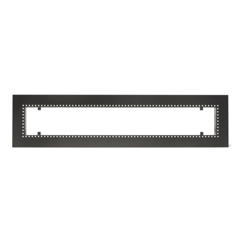 Black metal frame with perforated edges and a central cutout, designed for mounting or display purposes.