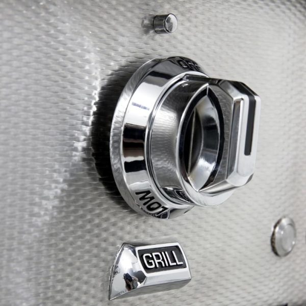Close-up of a chrome grill control knob on a stainless steel barbecue, featuring "OFF" and "GRILL" settings.