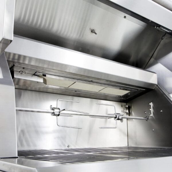 Stainless steel rotisserie grill interior with spit rod and skewers, designed for even cooking and barbecue efficiency.