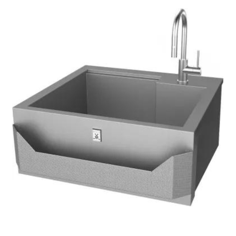 Modern stainless steel farmhouse sink with integrated faucet, featuring a deep basin and textured front design, ideal for kitchens.