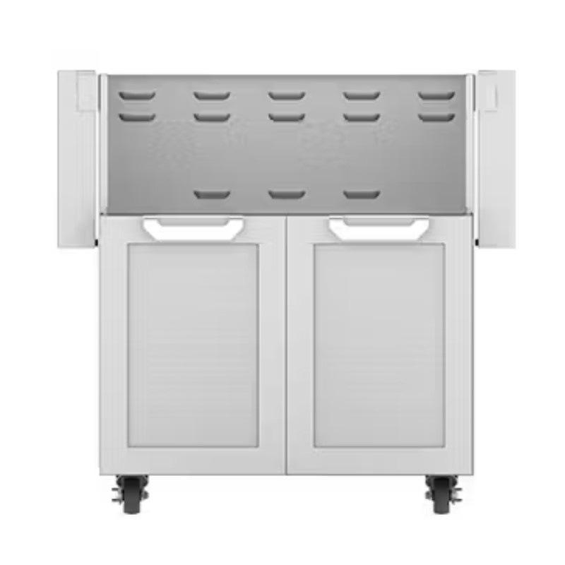 White kitchen cart with a stainless steel top, featuring multiple hooks and two storage cabinets below, on wheels for mobility.