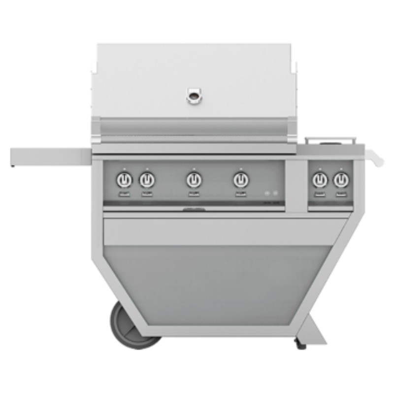 Stainless steel gas grill with five burners, side shelf, and wheels for easy mobility. Ideal for outdoor cooking and barbecues.