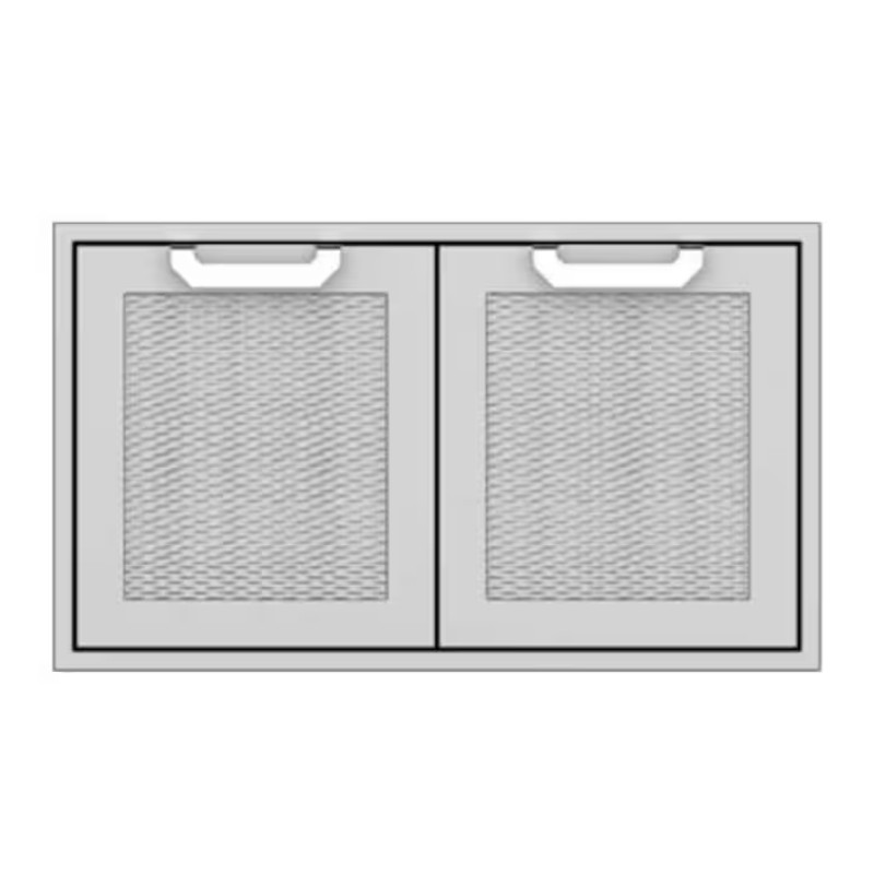 White kitchen cabinet doors with mesh panels and handles, designed for ventilation and style.