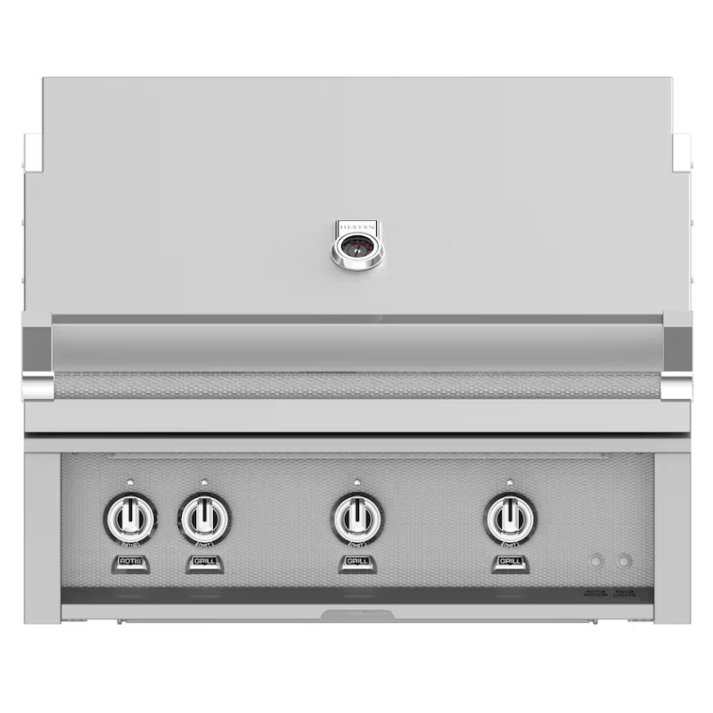 ced70a9a-55c0-472e-9fb9-86fd93b35a14.jpg Stainless steel outdoor gas grill with four control knobs and built-in thermometer, designed for high-performance grilling.