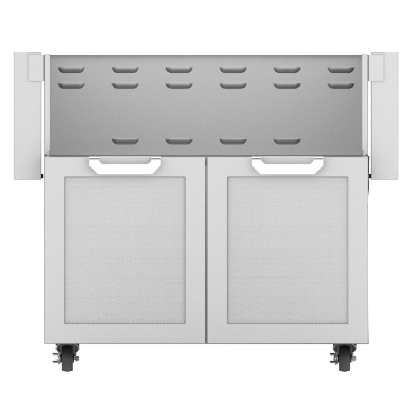 Modern mobile storage cart with a gray top and white mesh doors, featuring handles and wheels for easy mobility.