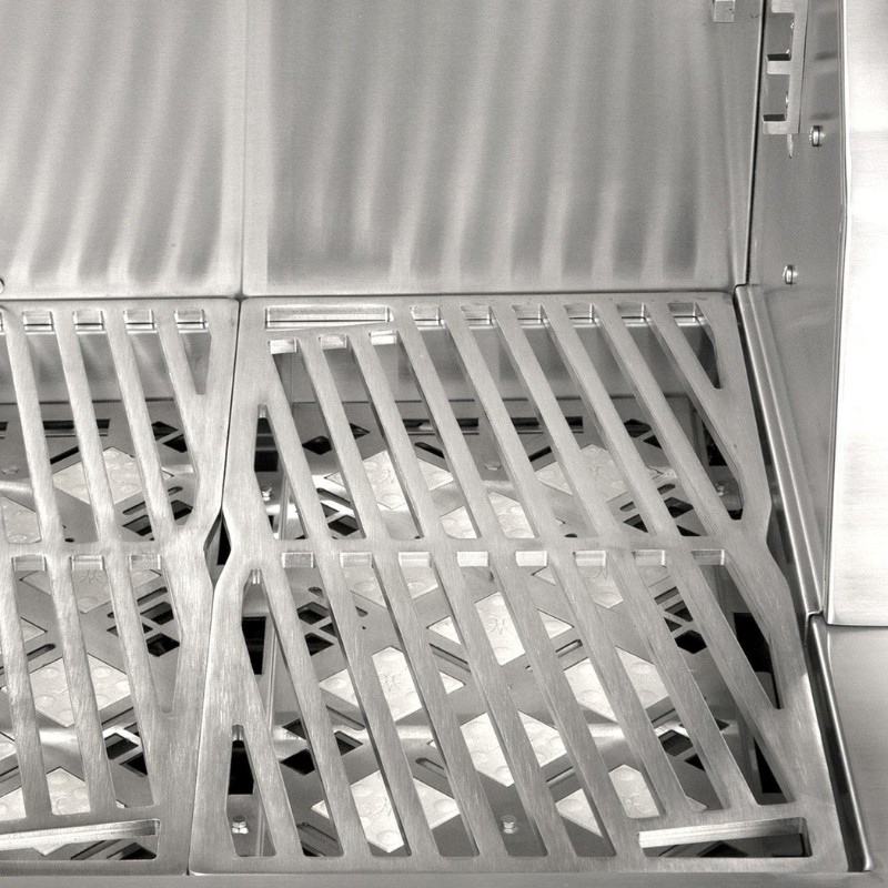 Stainless steel grill grates showing a modern design with slotted patterns for even heat distribution and efficient cooking.