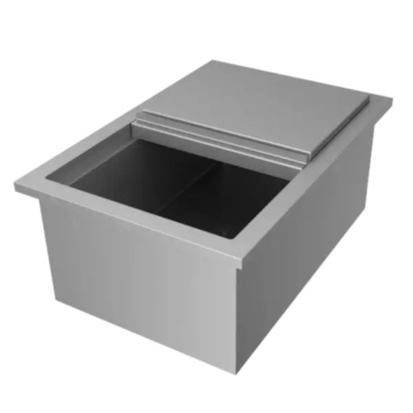 Stainless steel food storage container with a lid, ideal for commercial kitchens and food service applications.