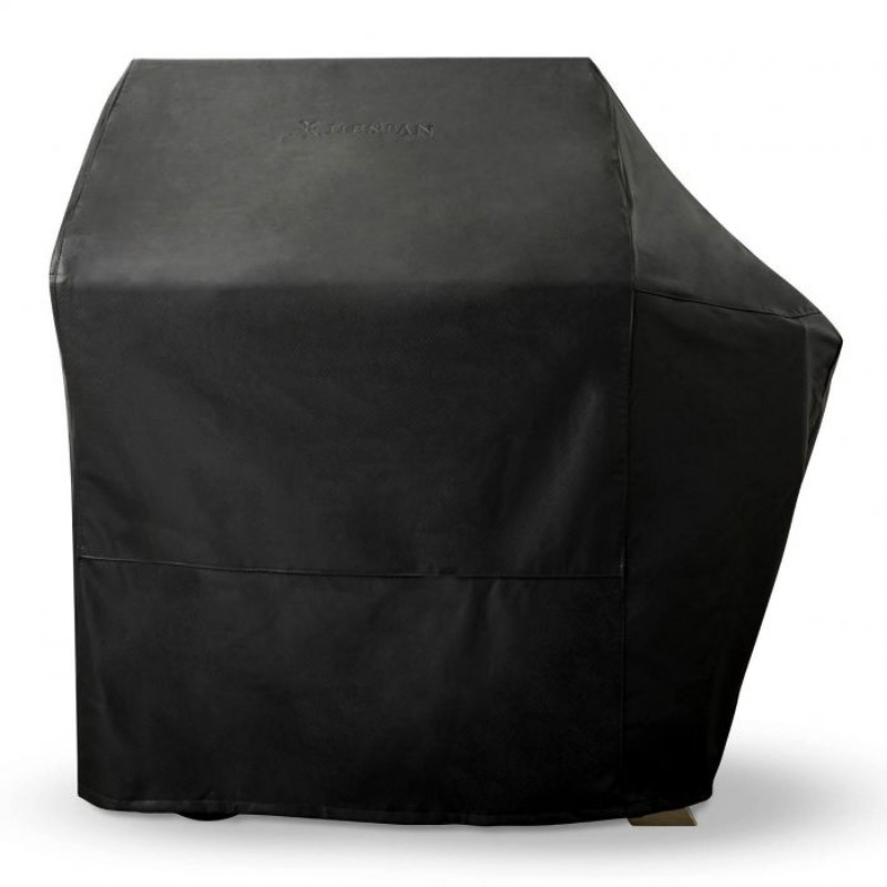 Black grill cover designed to protect outdoor grills from weather elements, featuring durable material and a tailored fit.