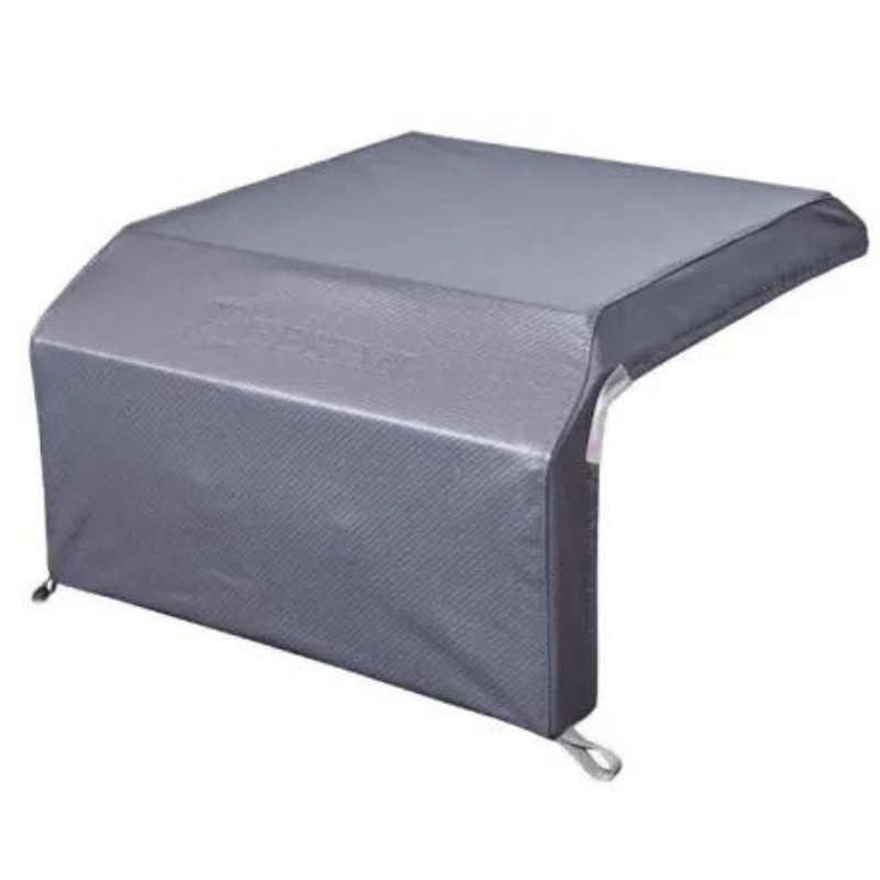 Gray outdoor furniture cover designed to protect against weather elements, featuring secure ties for stability.