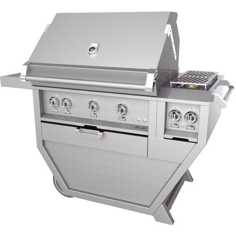 Stainless steel gas grill with multiple burners, side shelves, and a large cooking area, ideal for outdoor barbecues and gatherings.